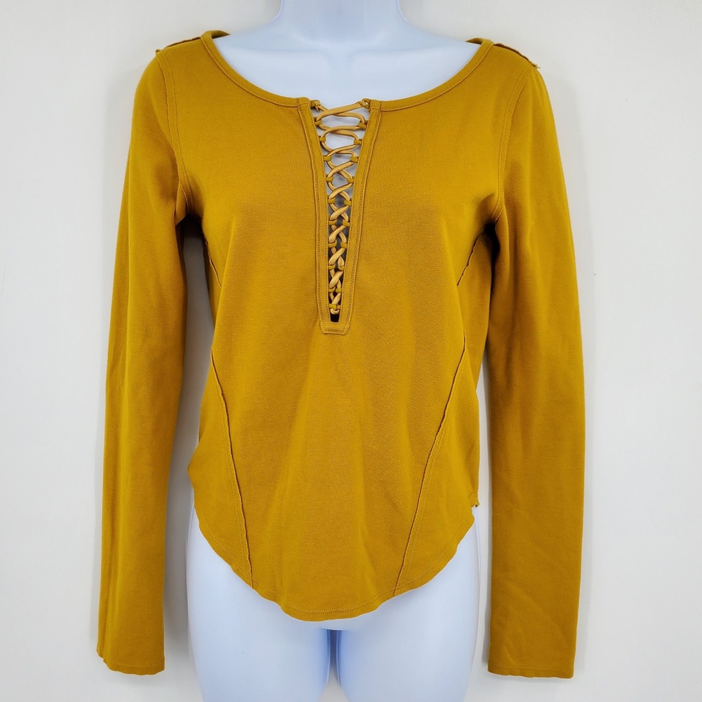 We The Free Free People Mustard Yellow Lace Up Long Sleeve Top XS Boho Indie